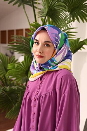 Silk Home Mavi-Krem Yaprak Desen Tivil İpek Eşarp 11406-18