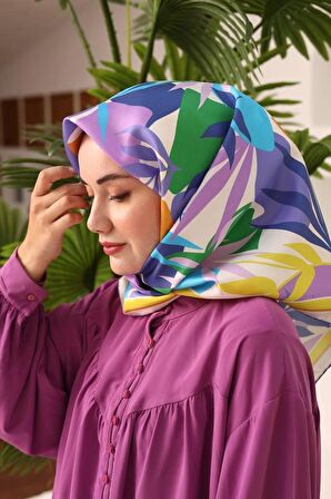 Silk Home Mavi-Krem Yaprak Desen Tivil İpek Eşarp 11406-18