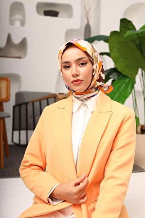 Silk Home Turuncu-Vizon Yaprak Desen Tivil İpek Eşarp 11406-37