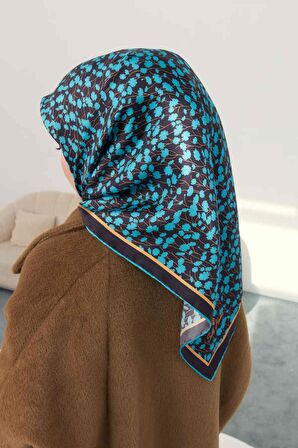 Silk Home Antrasit-Turkuaz Çiçek Desenli Tivil İpek Eşarp 11412-05