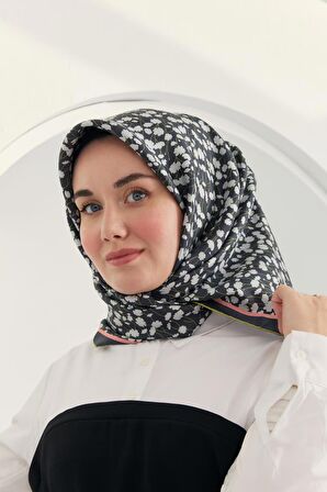 Silk Home Antrasit-Beyaz Çiçek Desenli Tivil İpek Eşarp 11412-36