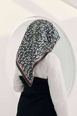 Silk Home Antrasit-Beyaz Çiçek Desenli Tivil İpek Eşarp 11412-36