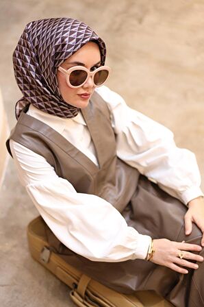 Silk Home Mürdüm Ekru Geometrik Desen Tivil İpek Eşarp 11423-21