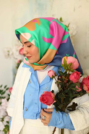 Silk Home Yeşil Pembe Karma Desen Tivil İpek Eşarp 11425-03
