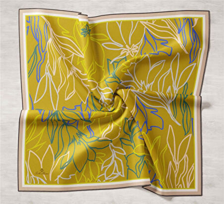 Silk Home Asit Yeşili Çizgi Çiçek Desenli Tivil İpek Eşarp-11429-16