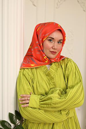 Silk Home Turuncu Sarı Desenli Tivil İpek Eşarp 11432-18