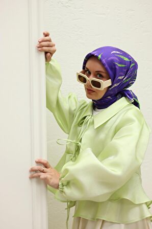 Silk Home Mor Yeşil Desenli Tivil İpek Eşarp 11432-20
