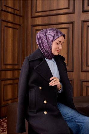 Silk Home Twill İpek Eşarp Mürdüm-Pudra Desenli Tok Duruşlu 90x90