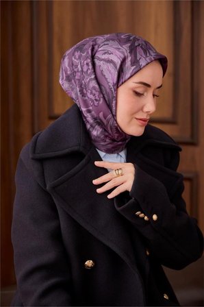 Silk Home Twill İpek Eşarp Mürdüm-Pudra Desenli Tok Duruşlu 90x90