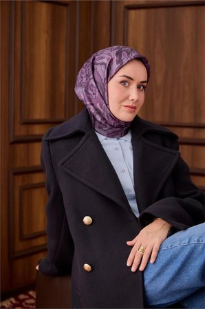 Silk Home Twill İpek Eşarp Mürdüm-Pudra Desenli Tok Duruşlu 90x90