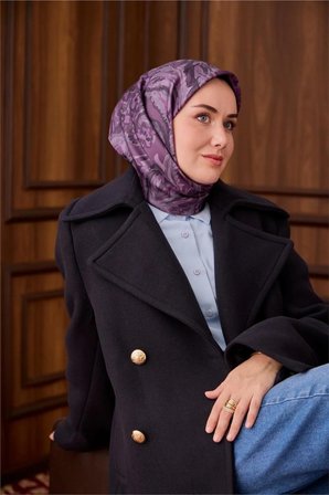 Silk Home Twill İpek Eşarp Mürdüm-Pudra Desenli Tok Duruşlu 90x90