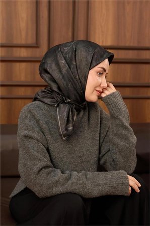 Silk Home Twill İpek Eşarp Koyu Yeşil-Gri Desenli Tok Duruşlu 90x90