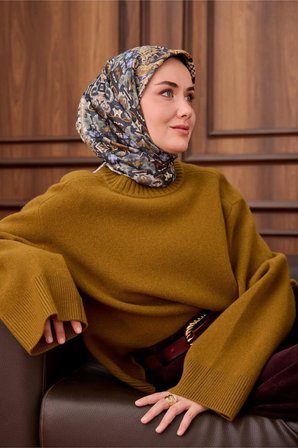 Silk Home Twill İpek Eşarp Lacivert–Yağ Yeşili Desenli Tok Duruşlu Kaymaz 90x90