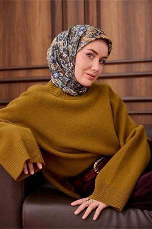 Silk Home Twill İpek Eşarp Lacivert–Yağ Yeşili Desenli Tok Duruşlu Kaymaz 90x90
