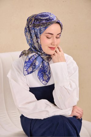 Twill İpek Eşarp Art Desen Mavi Gri 90x90 11512-37