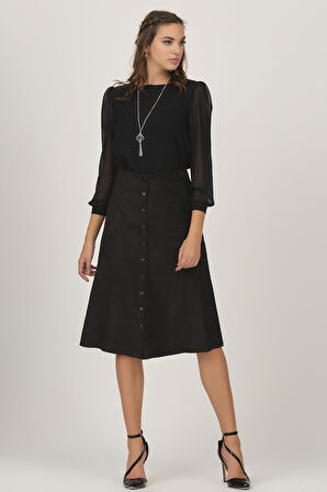 Önü Çıtçıtlı Suni Süet Etek 