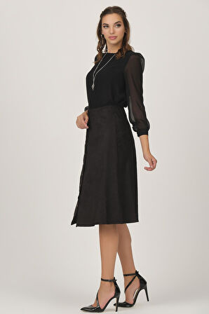 Önü Çıtçıtlı Suni Süet Etek 