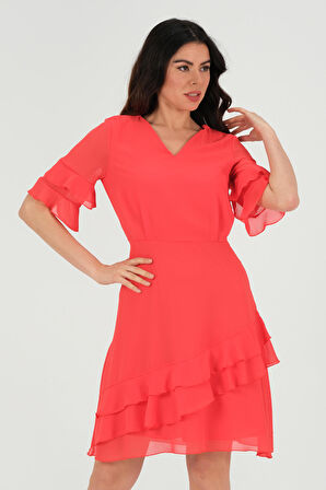 Volanlı Şifon Elbise