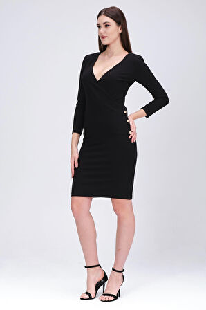 Süs Düğmeli Kuruvaze Kapamalı Şık Elbise