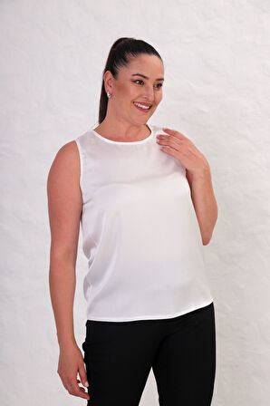 Büyük Beden Sıfır Kol Saten Bluz