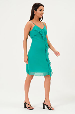 Önü Fırfırlı Askılı Şifon Elbise