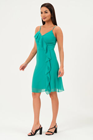 Önü Fırfırlı Askılı Şifon Elbise