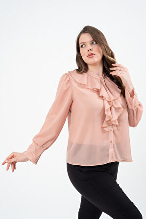 Büyük Beden Yakası Volanlı Gömlek