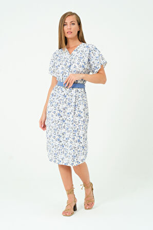 Desenli Kemerli Oversize Elbise