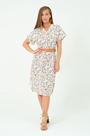 Desenli Kemerli Oversize Elbise