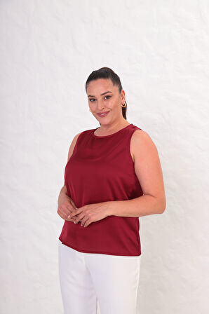 Büyük Beden Sıfır Kol Saten Bluz