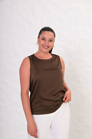 Büyük Beden Sıfır Kol Saten Bluz