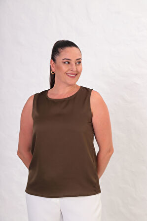 Büyük Beden Sıfır Kol Saten Bluz