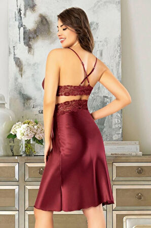 Saten Dantel Detaylı Gecelik Sabahlık İkili Takım 2617 Midi Boy Bordo