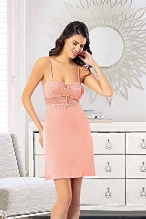 Dantel Detaylı Çiçek Desenli Gecelik Sabahlık Takım 6024 Somon