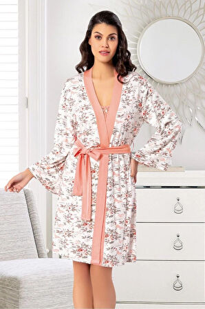 Dantel Detaylı Çiçek Desenli Gecelik Sabahlık Takım 6024 Somon