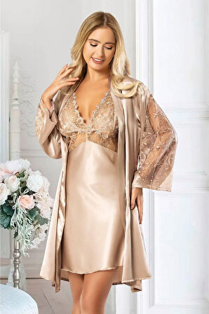 Saten Dantel Detaylı Gecelik Sabahlık Ikili Takım 2038 Vizon