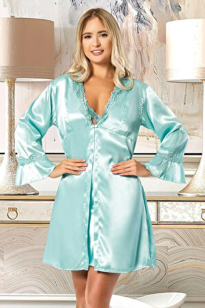 Kadın Saten Dantel Detaylı Gecelik Sabahlık Ikili Takım 2024 Mint Yeşili