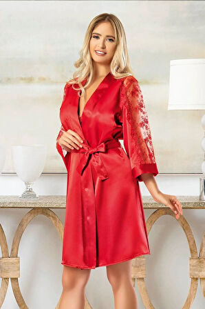 Saten Dantel Detaylı Gecelik Sabahlık Ikili Takım 2021 Kırmızı