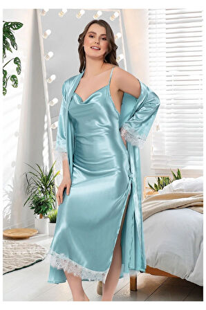 Saten Dantel Detaylı Degaje Yaka Gecelik Sabahlık Takım Mint Yeşili 2602