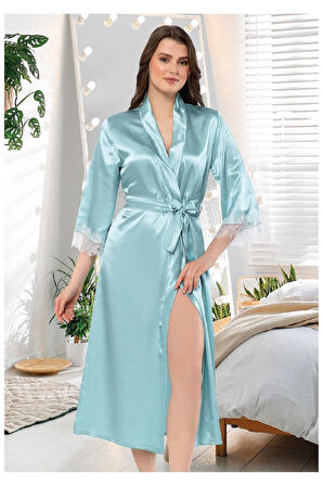 Saten Dantel Detaylı Degaje Yaka Gecelik Sabahlık Takım Mint Yeşili 2602