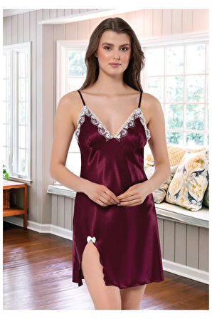 Saten Dantel Detaylı Gecelik Sabahlık 2’li Takım 2115 Bordo
