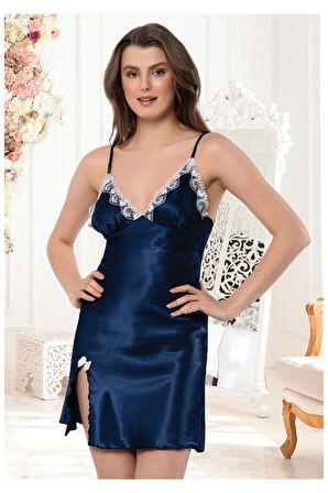 Saten Dantel Detaylı Gecelik Sabahlık 2’li Takım 2116 Lacivert