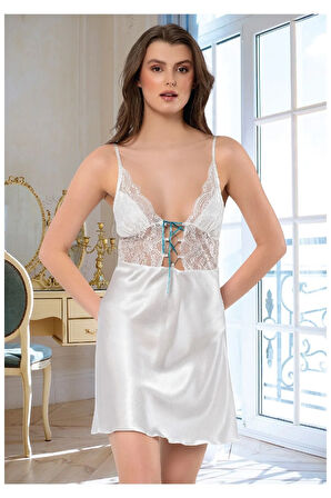Saten Dantel Detaylı Önü Bağcıklı Gecelik Sabahlık Takım Beyaz 2107