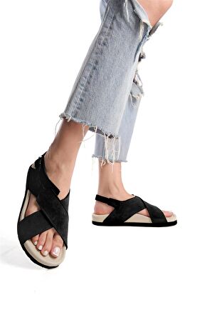 Zeyn 7541C Kadın Hakiki Deri Düz Sandalet Siyah