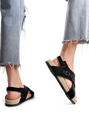 Zeyn 7541C Kadın Hakiki Deri Düz Sandalet Siyah