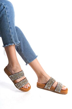 Zeyn 7866S Kadın Hakiki Deri Düz Terlik Taba