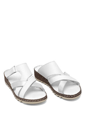 Elit Rhm012 Kadın Hakiki Deri Ortopedik Düz Terlik Beyaz