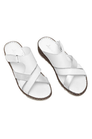 Elit Rhm012 Kadın Hakiki Deri Ortopedik Düz Terlik Beyaz