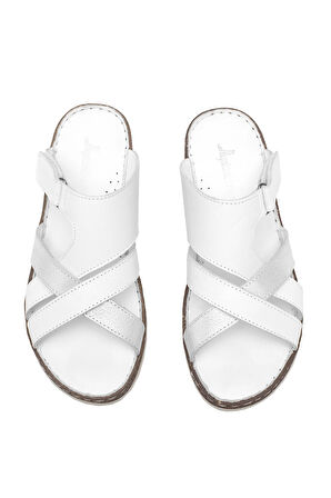 Elit Rhm012 Kadın Hakiki Deri Ortopedik Düz Terlik Beyaz