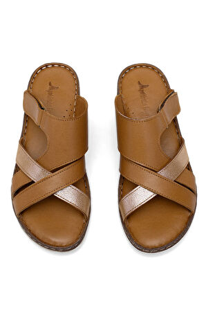 Elit Rhm012 Kadın Hakiki Deri Ortopedik Düz Terlik Taba